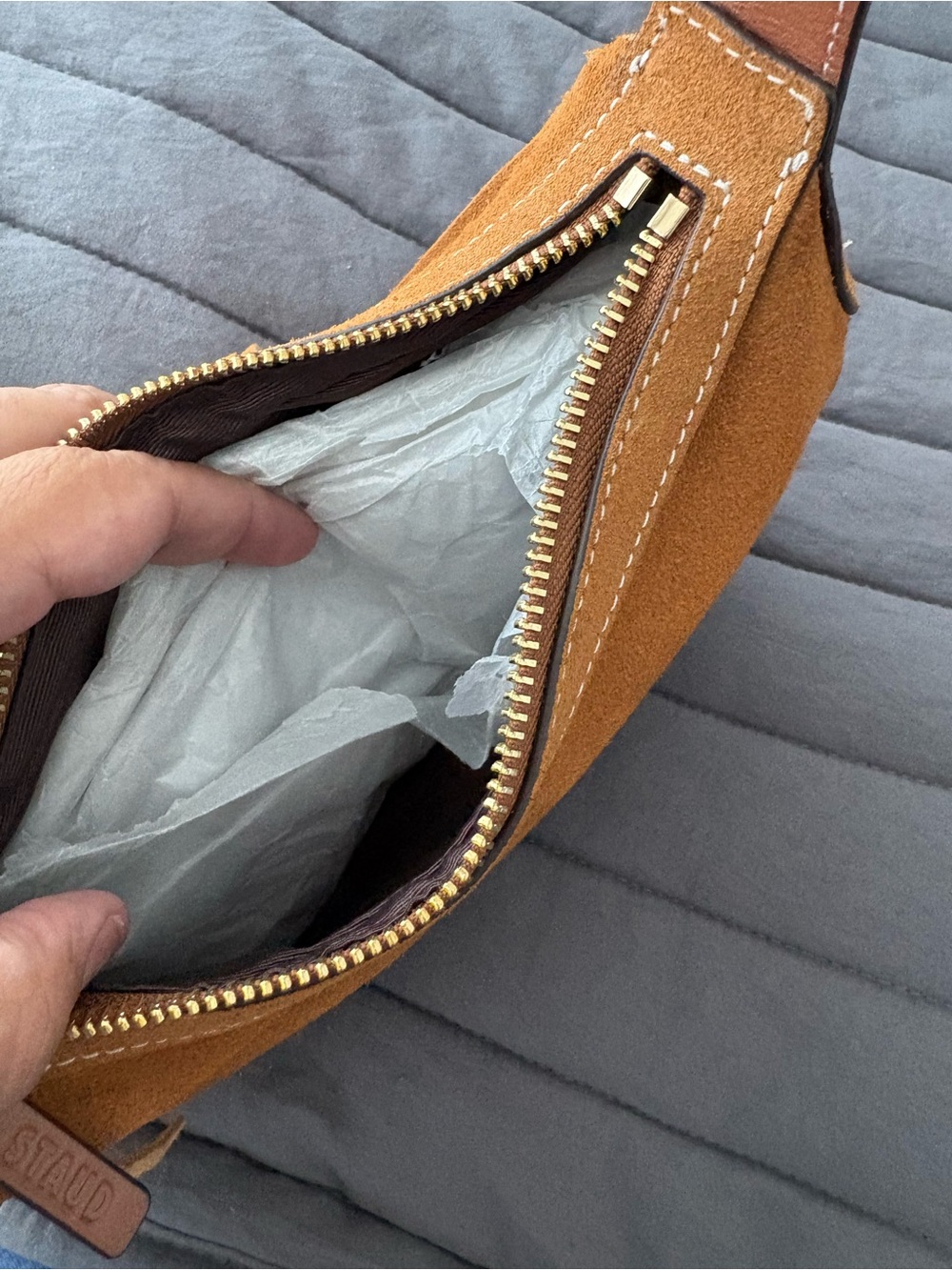 Sold‼️STAUD Suede Crescent Shoulder Bag in Cognac Brown with Tassel - Picture 10 of 15